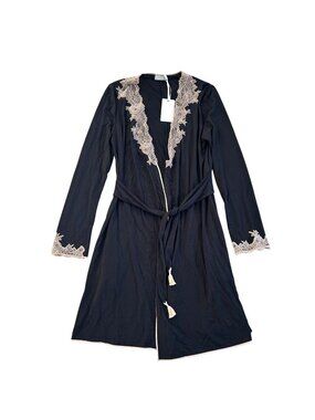 Gianantonio Paladini Black Lace Trim Robe With Belt & Tassels